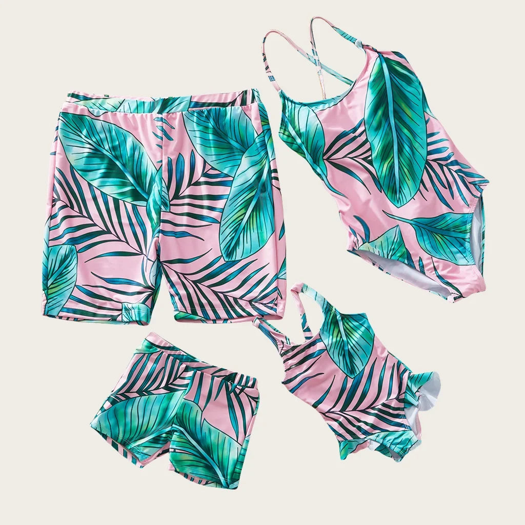 Fashion Family Swimsuit Set for Girls Boys Dad Mom Matching Clothing Outfits Mommy and Me Daughter Son Leaf Print Beach Swimming