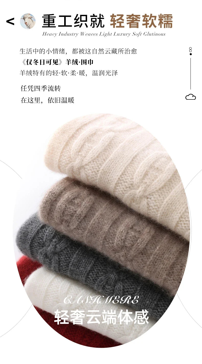 100% Cashmere Autumn Winter Three-Ply Twist Pattern Unisex Scarf Neck Warmer Shawl Cold-Proof Thickened Neck Gaiter