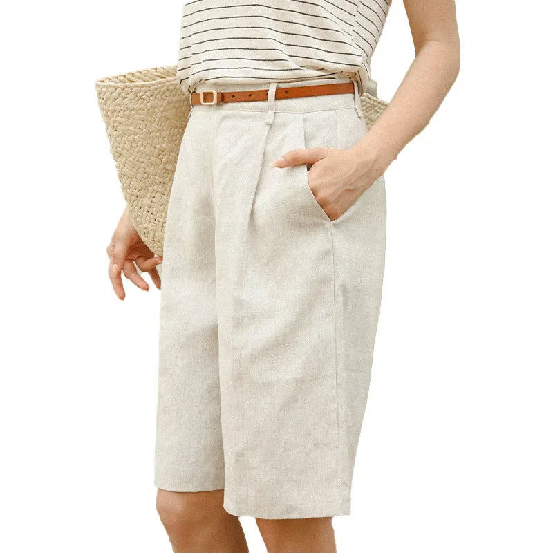 100% Linen High Waist Shorts for Women  -  Solid Color Knee-Length Summer Pants | Casual Streetwear Sale | Pantalones Mujer Verano