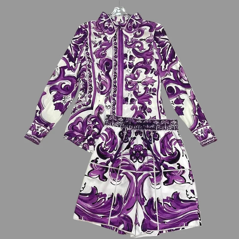 Elegant Women's Silk Top & Printed Cotton Skirt Set – 2-Piece Turn-Down Collar Outfit