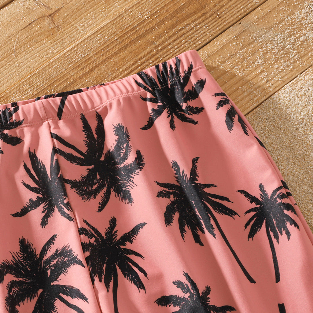 Family Matching Coconut Tree Print Swimwear – Pink Swim Trunks & Spaghetti Strap One-Piece Swimsuit