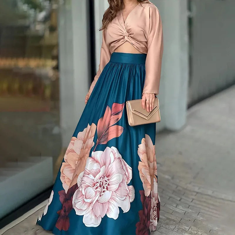 Autumn Women’s Two-Piece Set – Long-Sleeve Printed Shirt & Long Dress, Elegant Holiday & Office Outfit