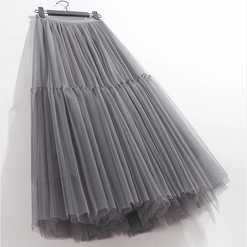 Elegant High Waist Tulle Skirt – Solid Color A-Line Mesh Tutu Skirt for Women