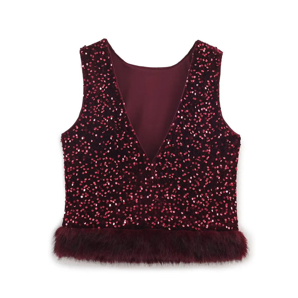 Chic Elegant Sequin Pants 2 Pieces Sets For Women Sequin Fur Vest Top Women's Suit 2026 New Year Party Woman Outfits ﻿