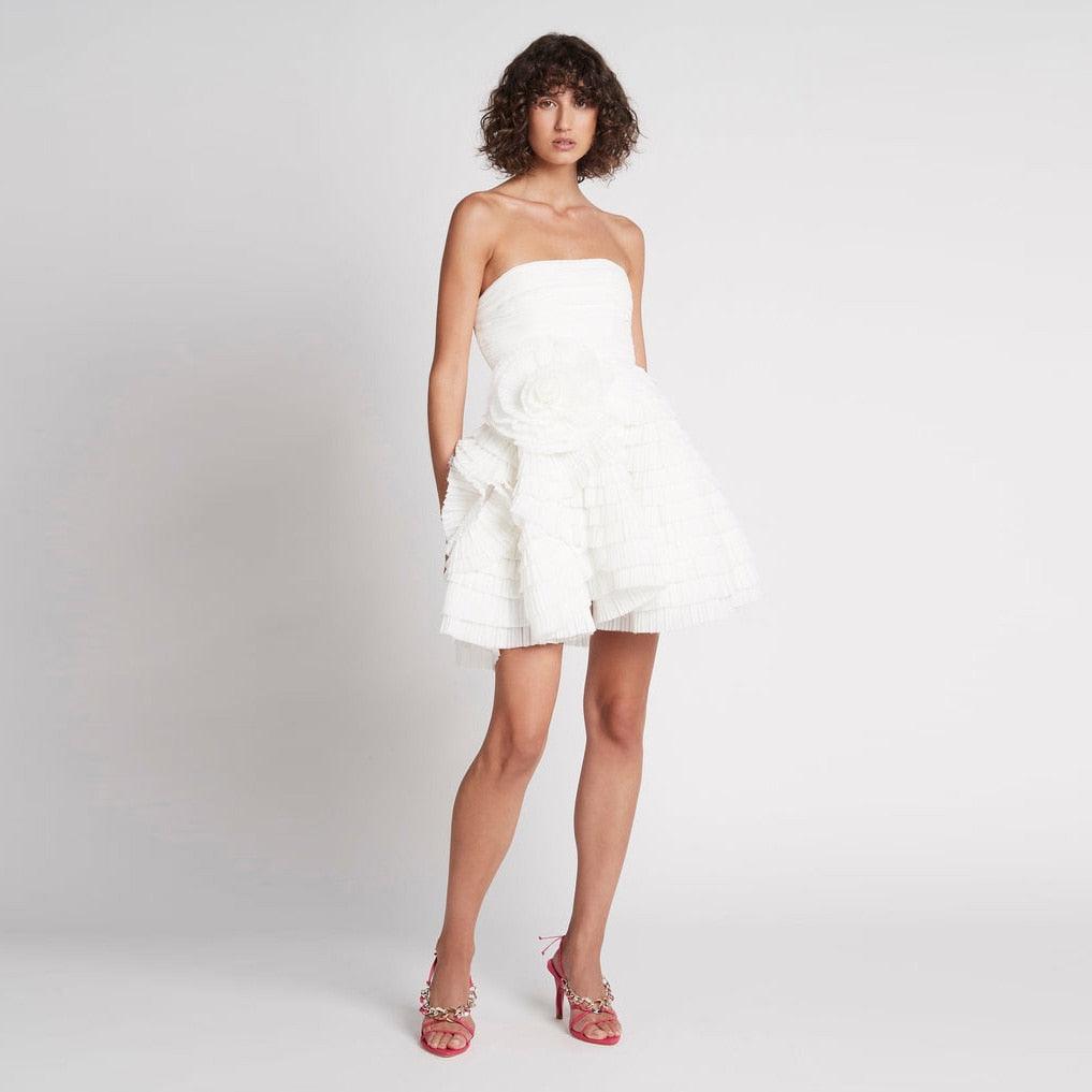 Ivory Tiered Tulle Short Bridal Dress – Strapless A-Line Gown, Custom Made