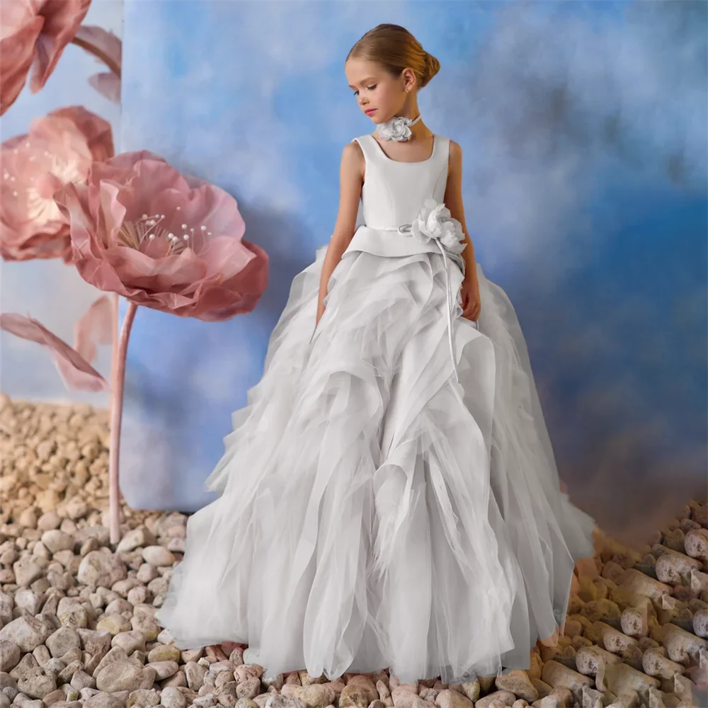 Flower Pleat Square Neck Sleeveless Communion Dress For Girl Floor Length Luxury Summer Sweep Train Wedding Party Gown New 2025