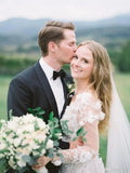 Bohemian Lace Wedding Dress – Deep V-Neck & Long Sleeves, Custom Made
