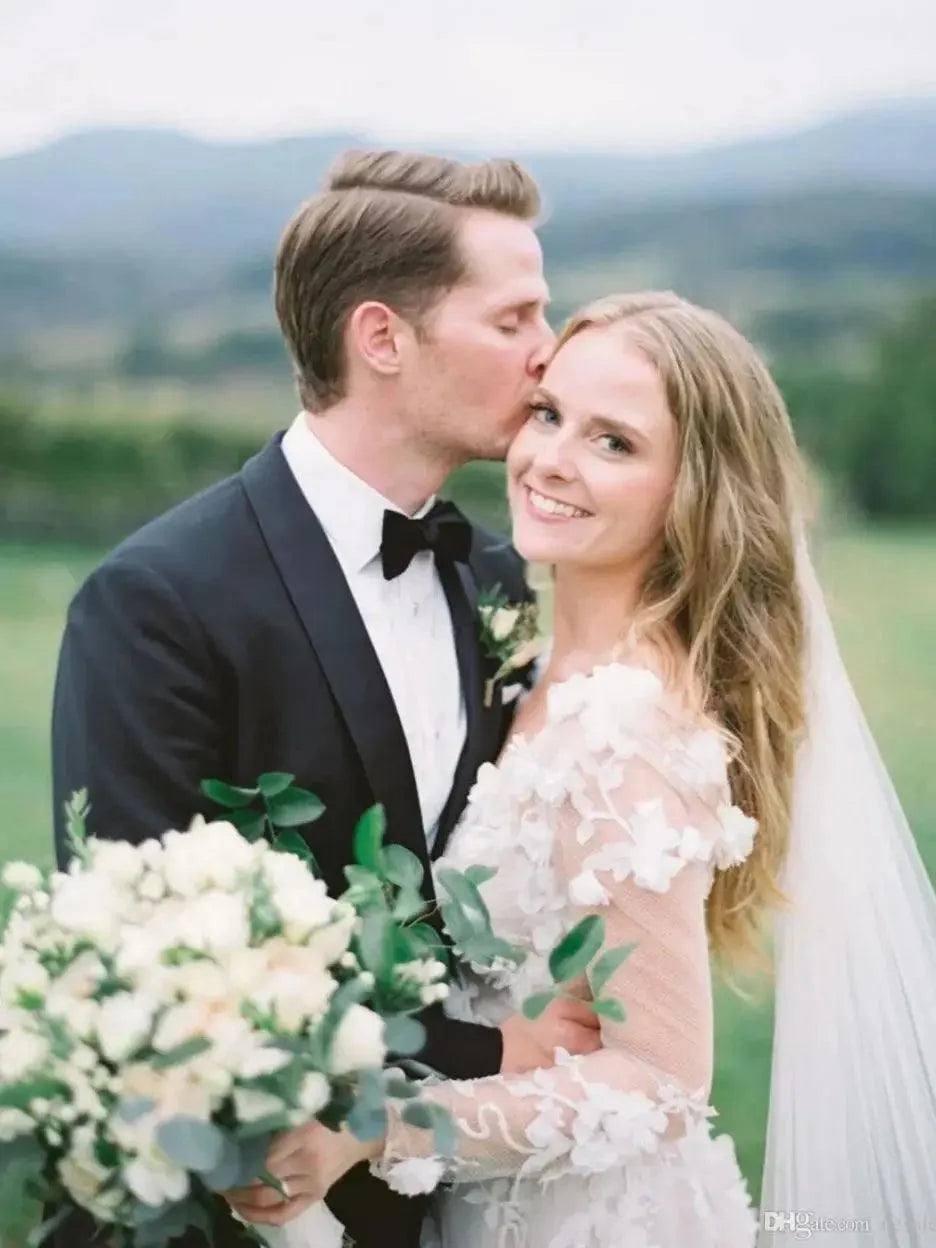 Bohemian Lace Wedding Dress – Deep V-Neck & Long Sleeves, Custom Made