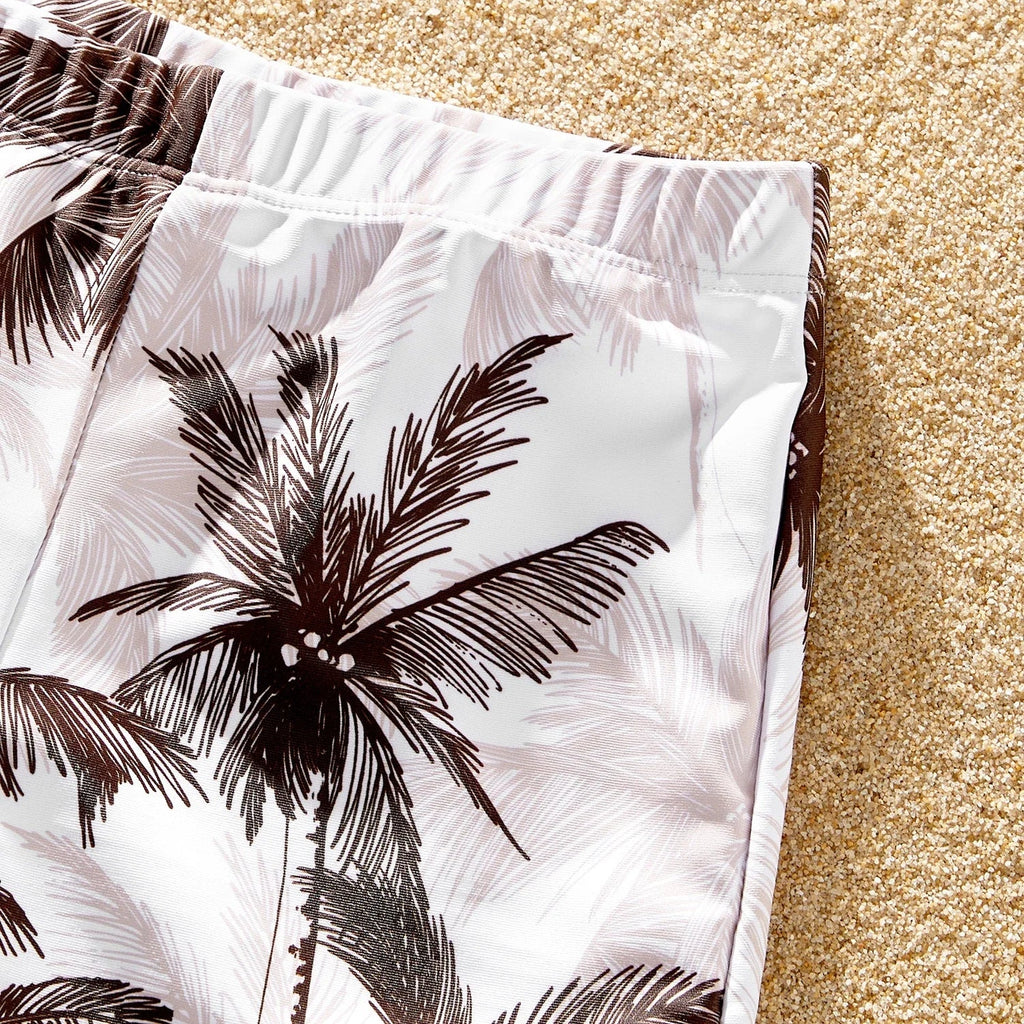 Family Matching Coconut Tree Print Swimwear  |  Ruched One-Piece Swimsuit & Swim Trunks Beach Set