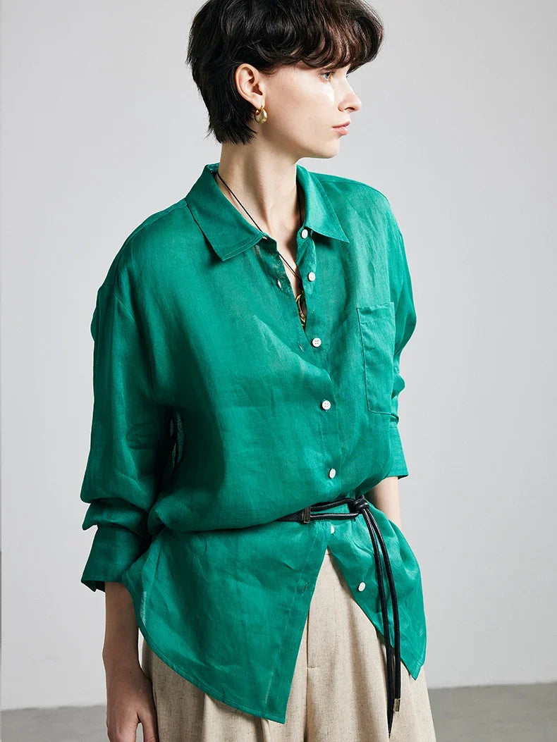 100% Ramie Solid Blouse  -  Women's Loose-Fit Shirt with Turn-Down Collar & Chest Pocket