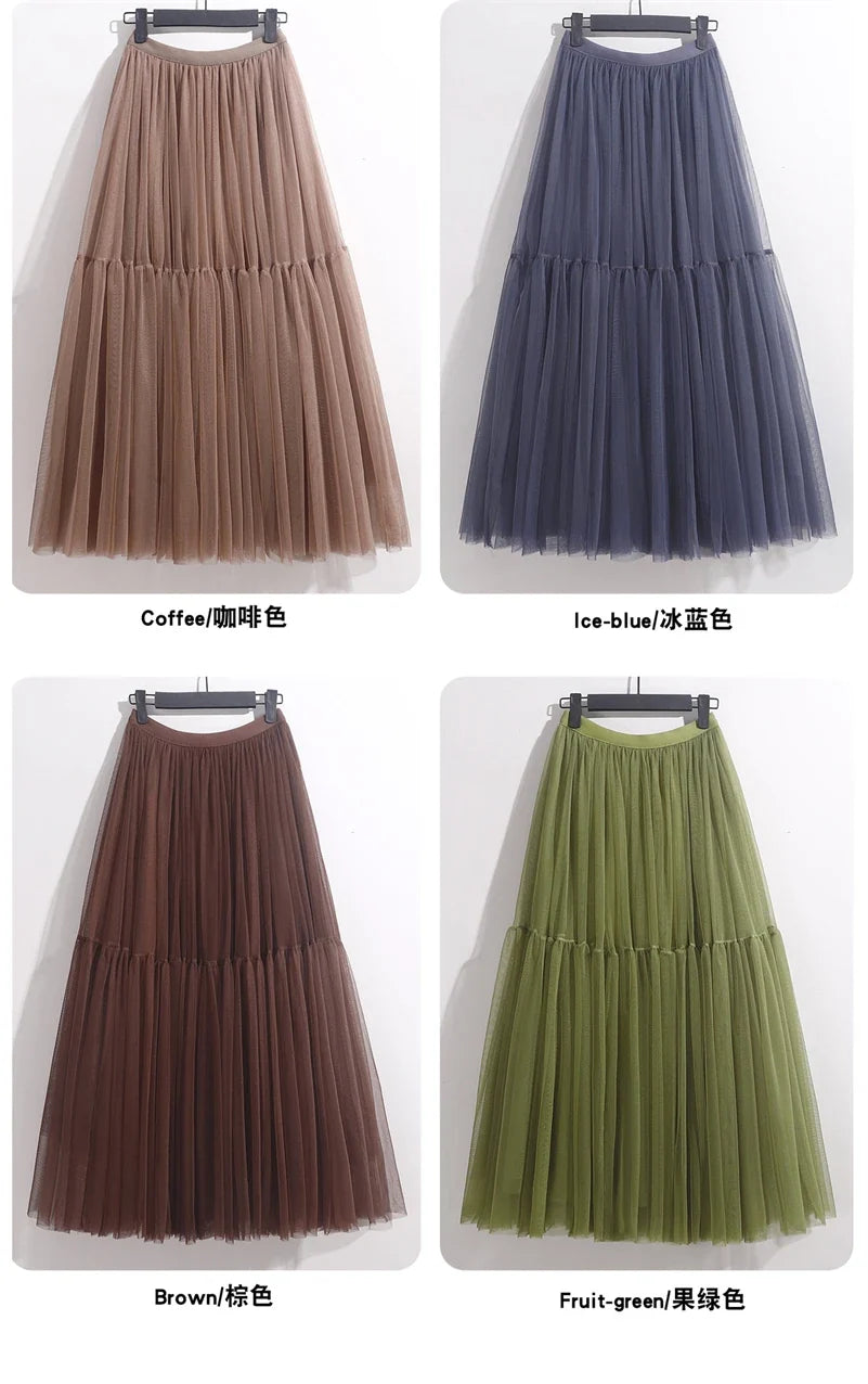 Elegant High Waist Tulle Skirt – Solid Color A-Line Mesh Tutu Skirt for Women