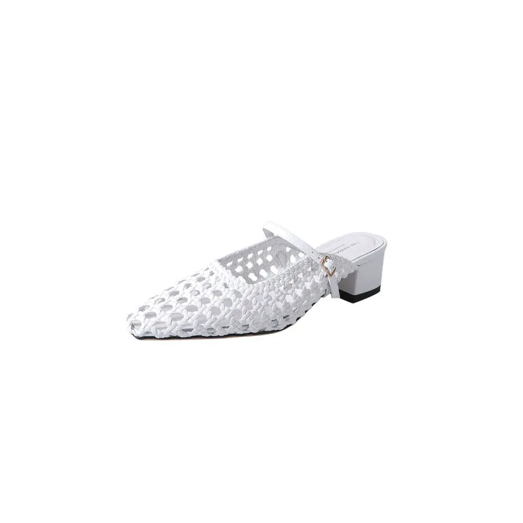 2025 Braided Slipper Women Covered Pointed Toe Buckle Up Mules Female Med Chunky Heels Daily Outdoor Breathable Slides