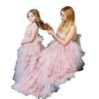 Elegant Pink Ruffled Mesh Tutu Dress for Mom and Daughter â€“ Sleeveless Matching Outfits for Birthday Party, Prom, or Christmas Photoshoot