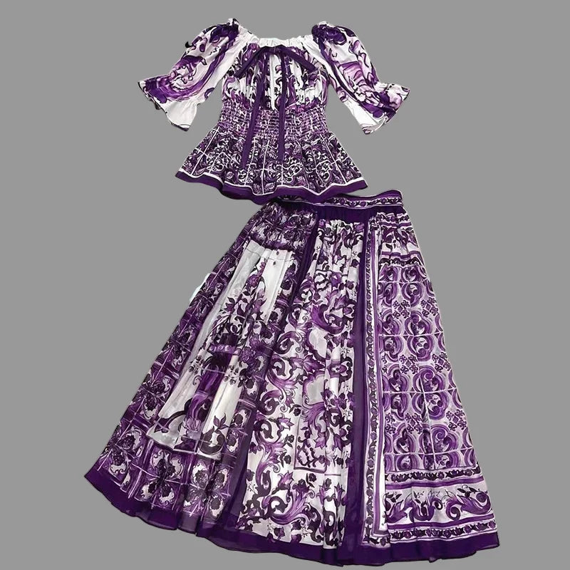 Elegant Women's Silk Top & Printed Cotton Skirt Set – 2-Piece Turn-Down Collar Outfit