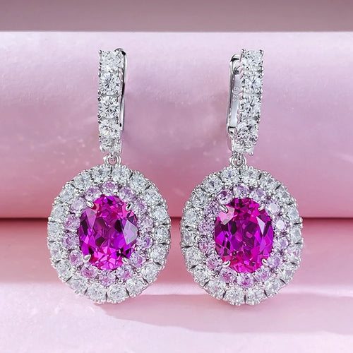 100% 925 Sterling Silver  8-M Oval Lab Sapphire Drop Earrings High Carbon Diamond Accents | Sparkling Fine Jewelry for Women