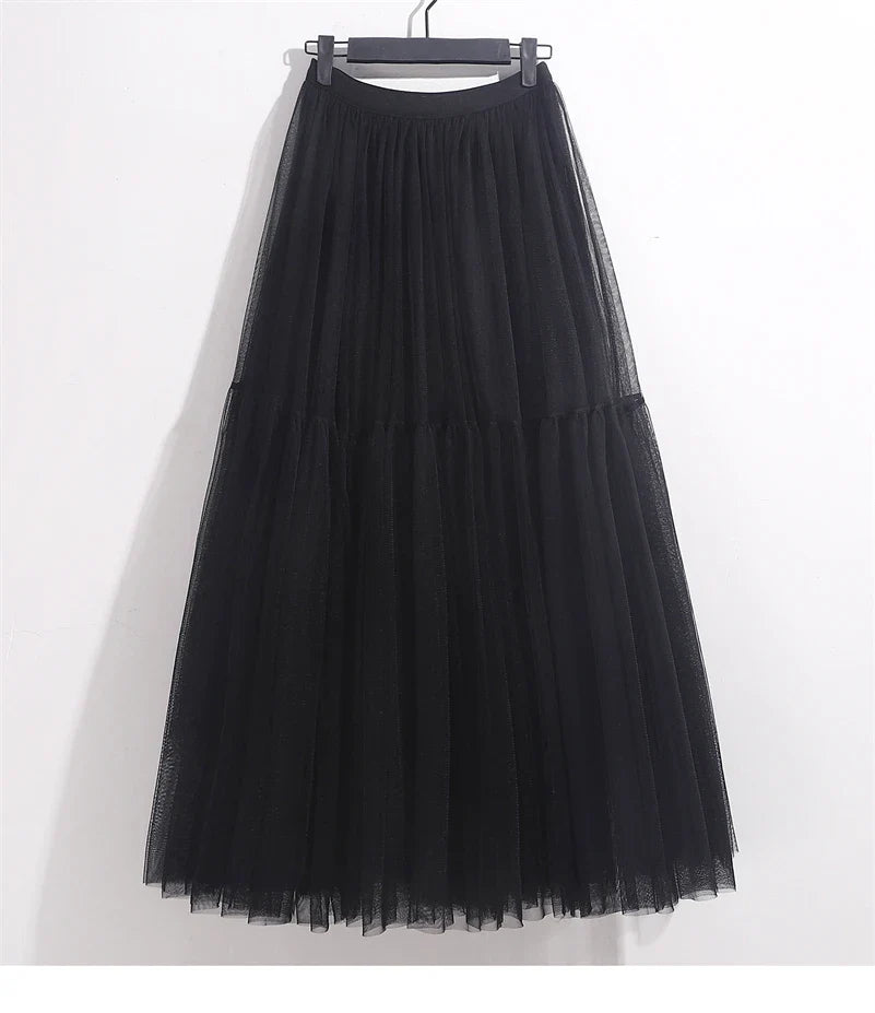 Elegant High Waist Tulle Skirt – Solid Color A-Line Mesh Tutu Skirt for Women