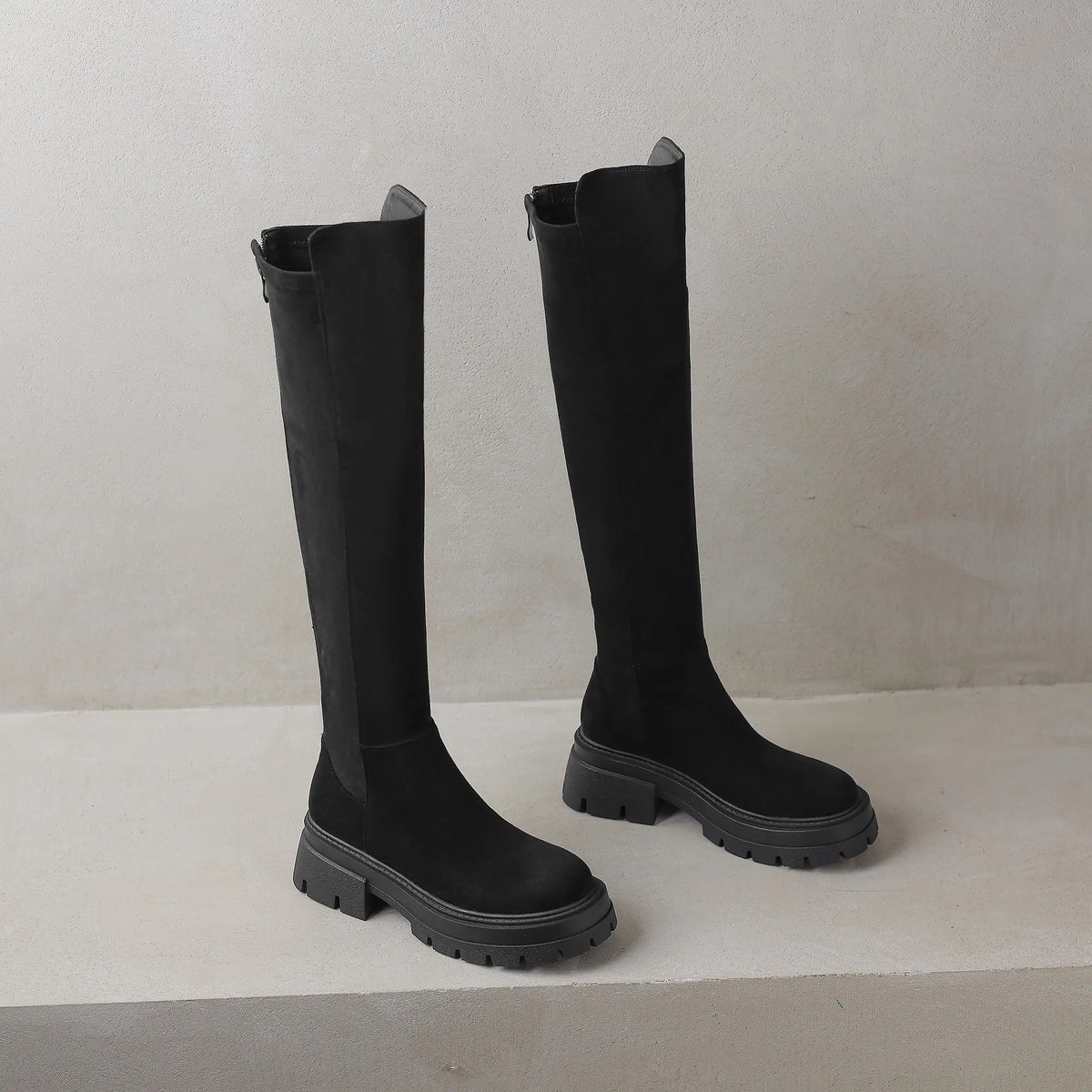 Flock Round Toe Stretch Over-the-Knee Boots with Medium Heels – Elegant, Modern, and Warm Slip-On Style for Leisure and Everyday Chic