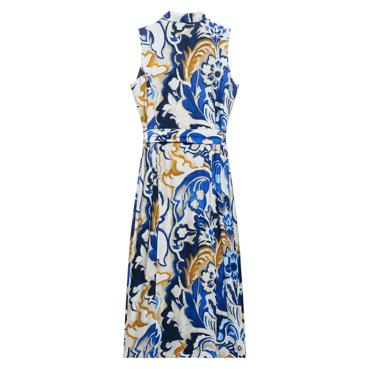 2025 Sleeveless Collared Maxi Dress  -  Belted Waist & Bold Abstract Print