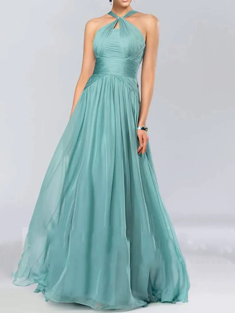 Halter Neck Champagne Bridesmaid Dress – Elegant Chiffon A-Line Floor-Length Gown with Built-in Bra (Customizable)