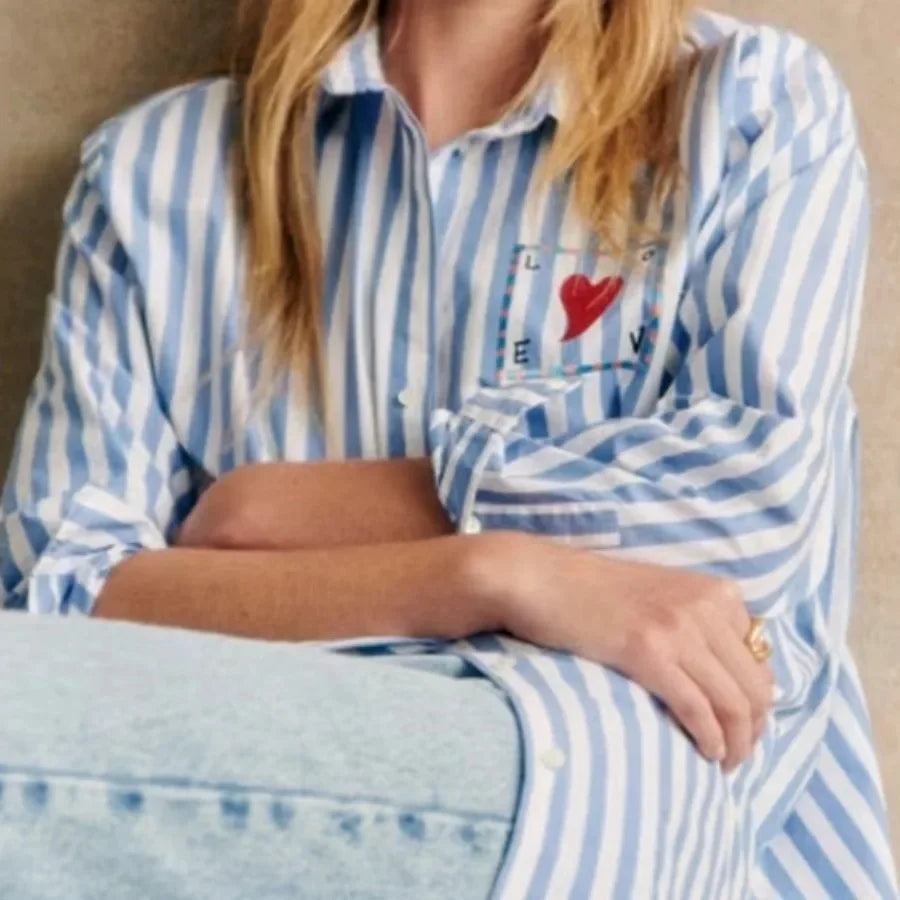 Early Spring Women's Striped Letters Love Lapel Buttoned Long Sleeve Top Shirt