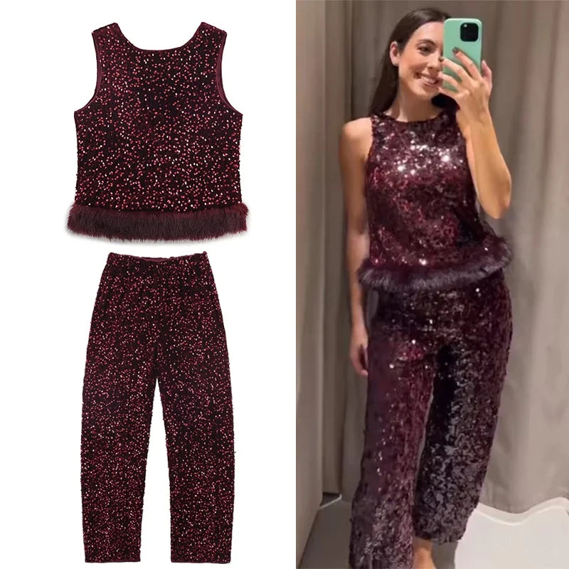 Chic Elegant Sequin Pants 2 Pieces Sets For Women Sequin Fur Vest Top Women's Suit 2026 New Year Party Woman Outfits ﻿