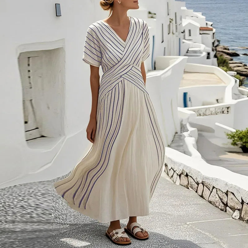 Boho Striped Patchwork Maxi Dress – Spring Summer V-Neck Short Sleeve Loose Party Dress for Women