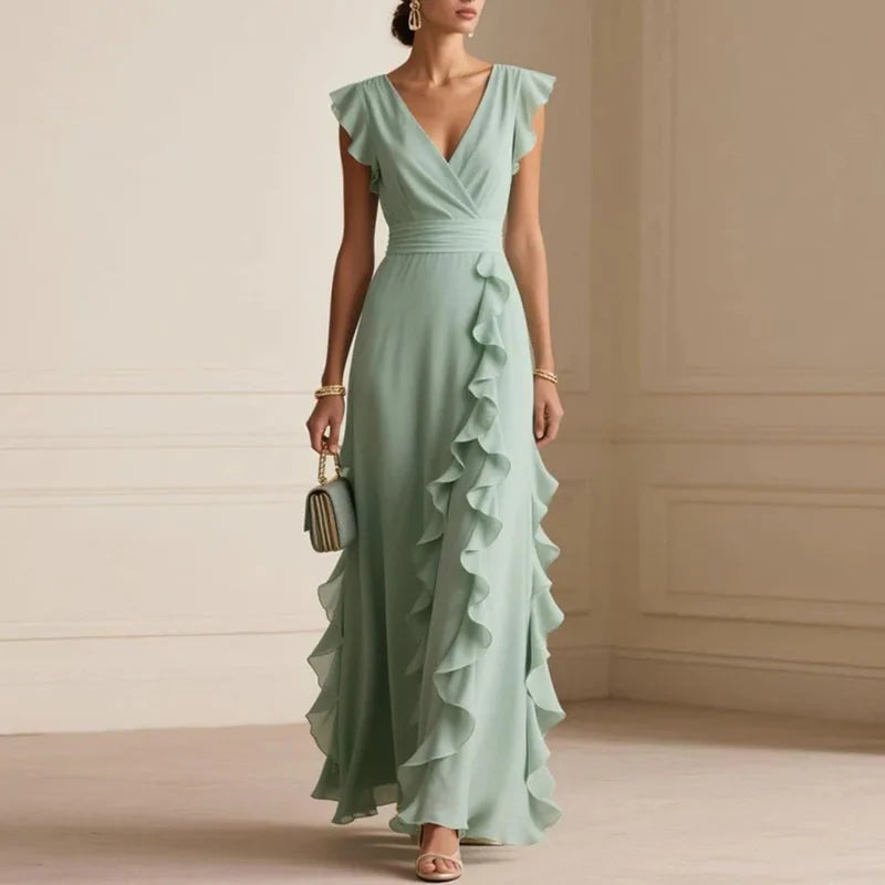 Boho Long Ruffle Dress – Women's V-Neck High Waist Butterfly Sleeve Maxi Dress