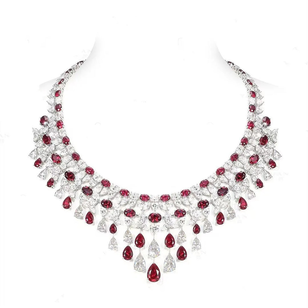 925 Sterling Silver Luxury Elegant Waterdrop Synthetic Ruby and Diamond Gemstone Necklace Wedding & Party Jewelry for Women