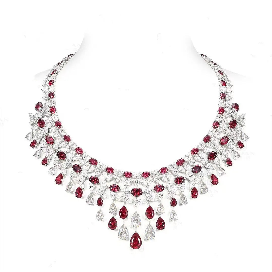 925 Sterling Silver Luxury Elegant Waterdrop Synthetic Ruby and Diamond Gemstone Necklace Wedding & Party Jewelry for Women