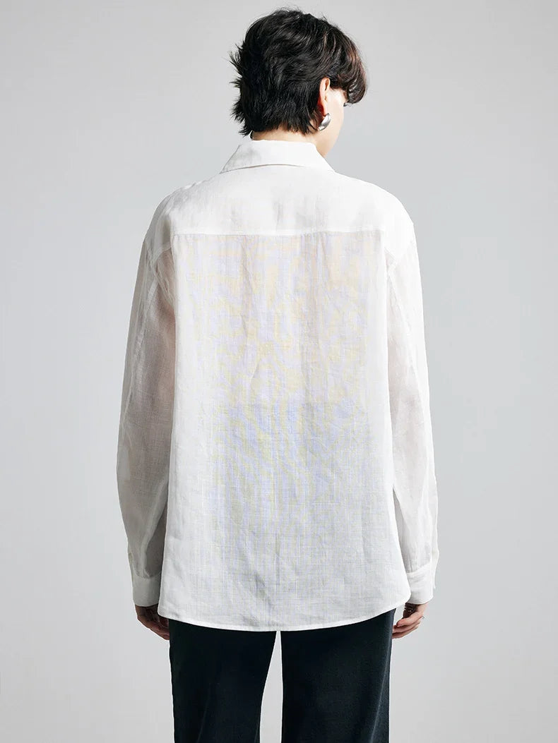 100% Ramie Loose-Fit Blouse  -  Women's Turn-Down Collar Shirt with Double Chest Pockets