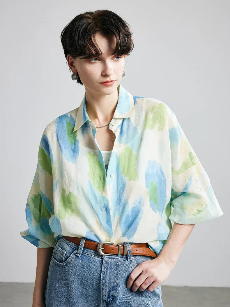 100% Ramie Floral Blouse  -  Pink Turn-Down Collar Shirt