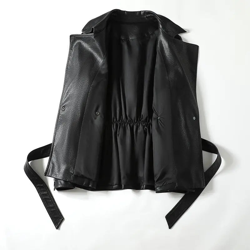 Fashionable Genuine Leather Jacket for Women Waist-Tied Loose Fit Black or Brown  |  Casual Luxury Outerwear