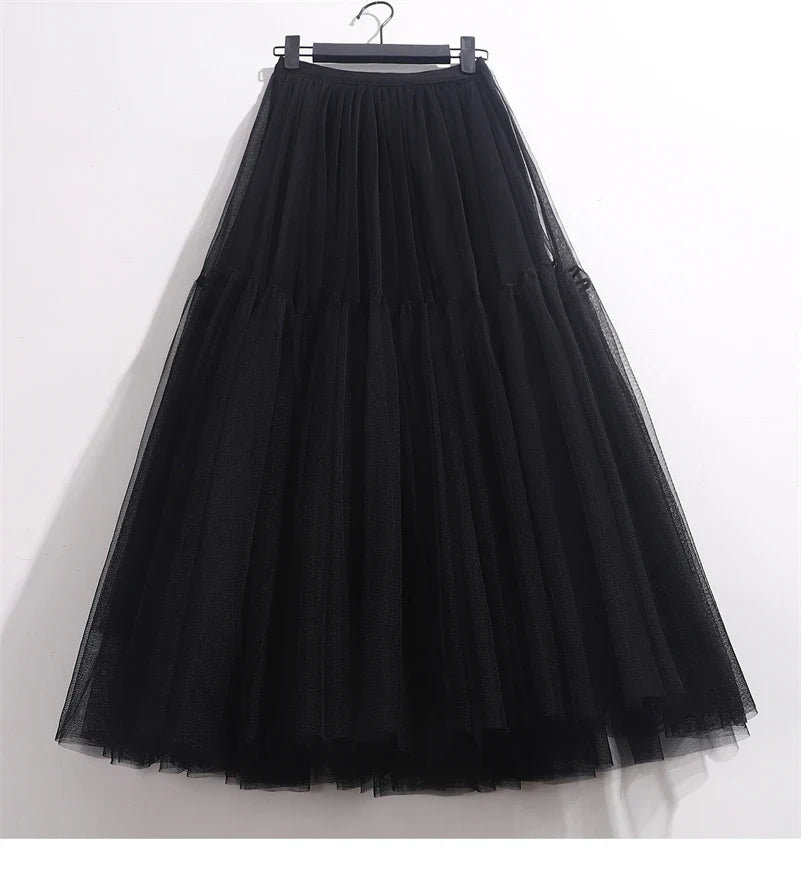 Elegant High Waist Tulle Skirt – Solid Color A-Line Mesh Tutu Skirt for Women