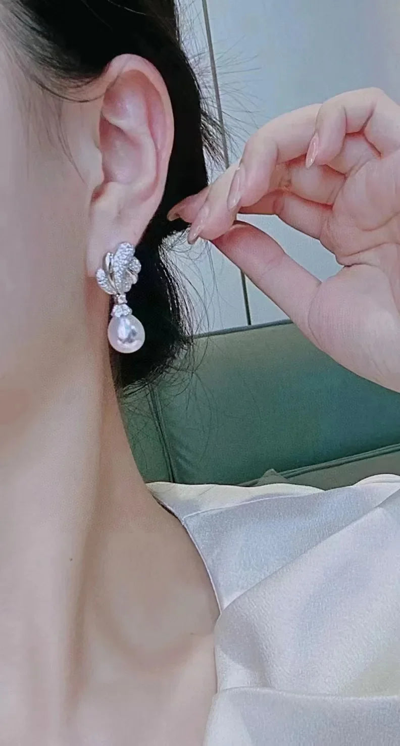 925 Sterling Silver Round 10-11mm Natural Freshwater White Pearl Drop Dangle Earrings  Women's Holiday Gift