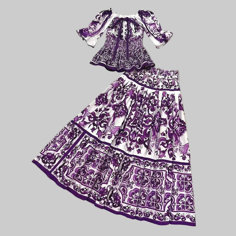 Elegant Women's Silk Top & Printed Cotton Skirt Set – 2-Piece Turn-Down Collar Outfit