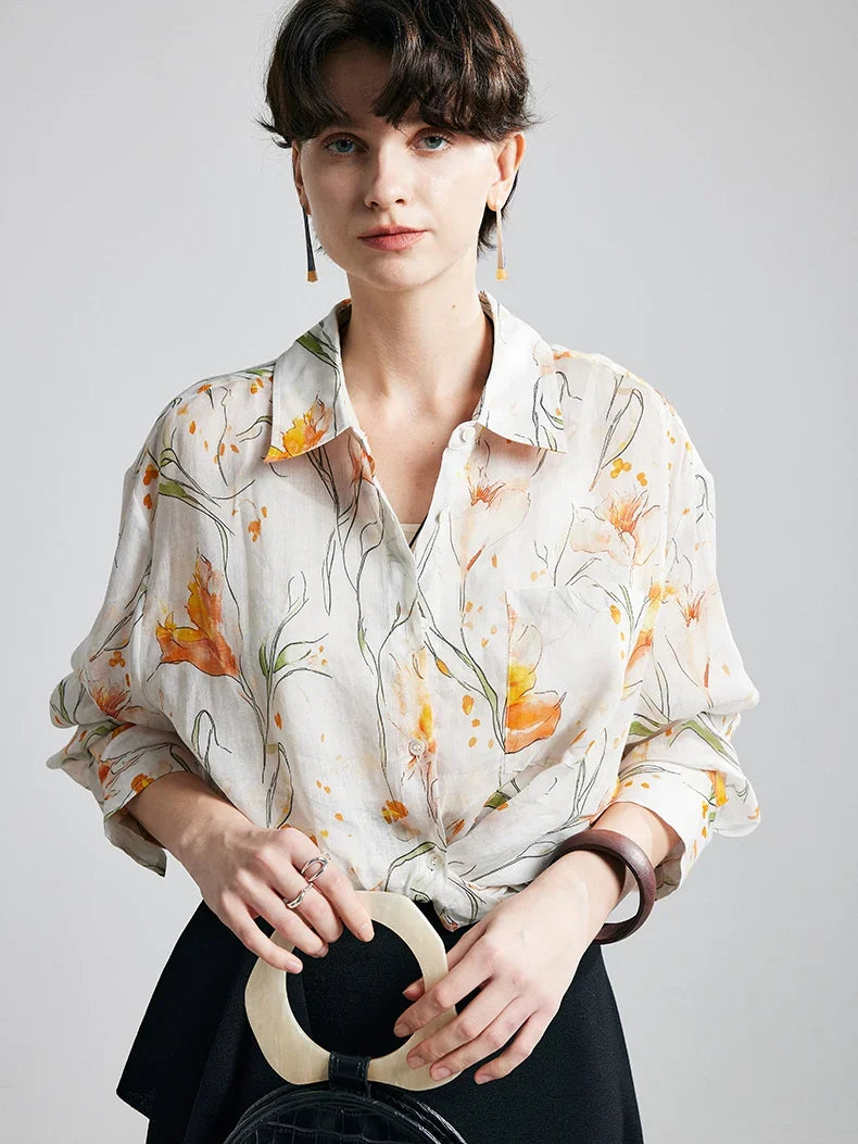 100% Ramie Floral Blouse  -  Women's Printed Shirt with Turn-Down Collar