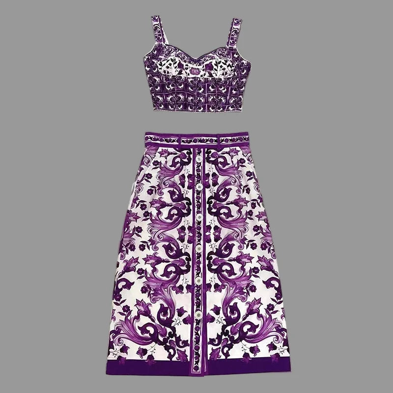 Elegant Women's Silk Top & Printed Cotton Skirt Set – 2-Piece Turn-Down Collar Outfit