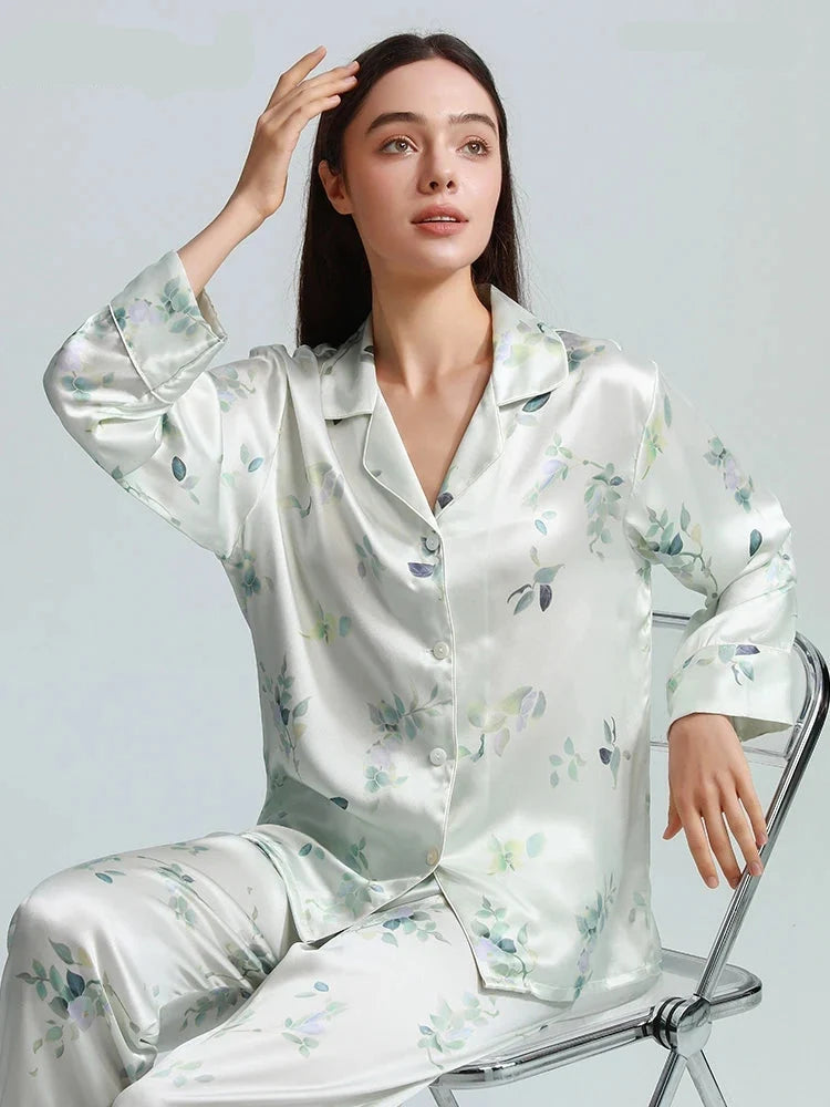 100% Real Silk Women's Pajama Set  |  Printed Long-Sleeve Summer Home Suit