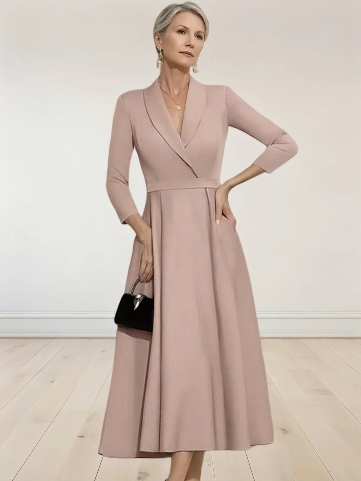 Elegant A-Line Satin Mother of the Bride Dress – Tea Length with 3/4 Sleeves | 2025 Wedding Guest Look