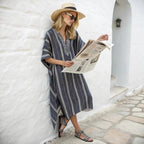2026 Spring/Autumn Ethnic Print Maxi Dress – V-Neck, Striped Contrast, Trumpet Sleeves, Loose Fit Vacation Long Dress for Women