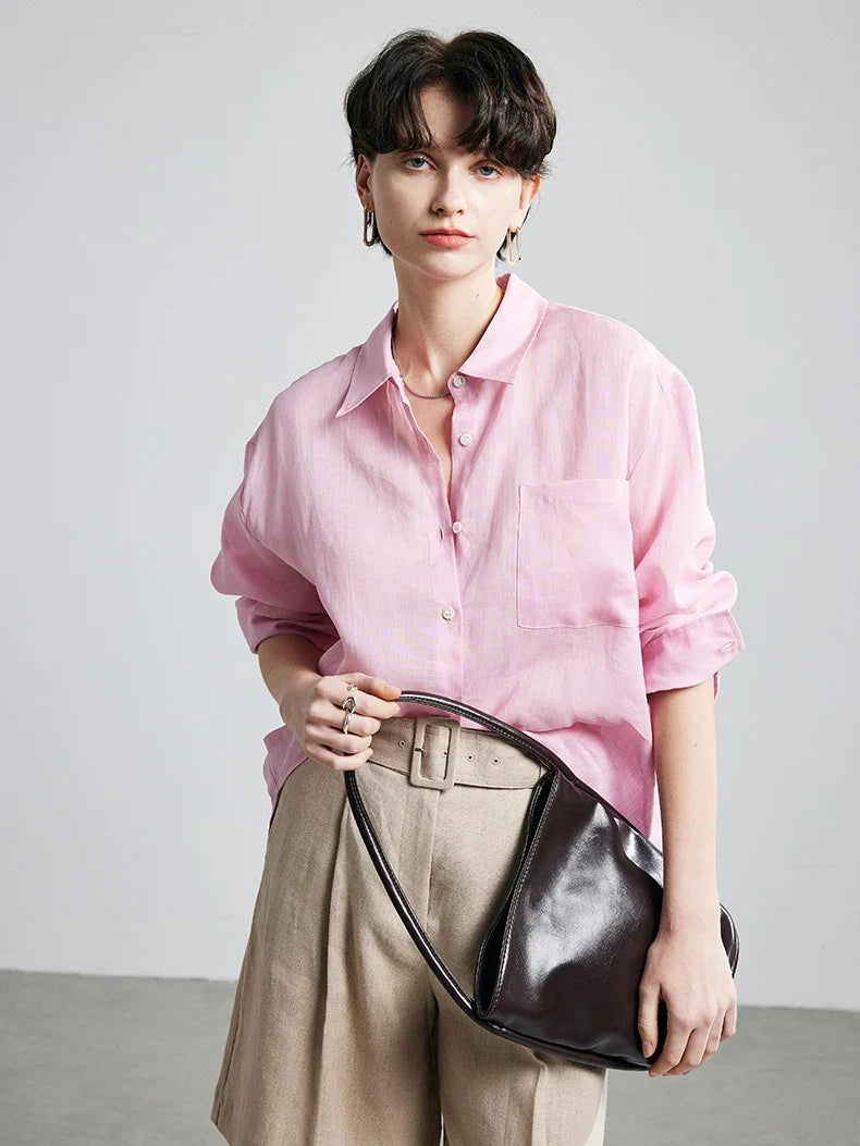 100% Ramie Solid Blouse  -  Women's Loose-Fit Shirt with Turn-Down Collar & Chest Pocket