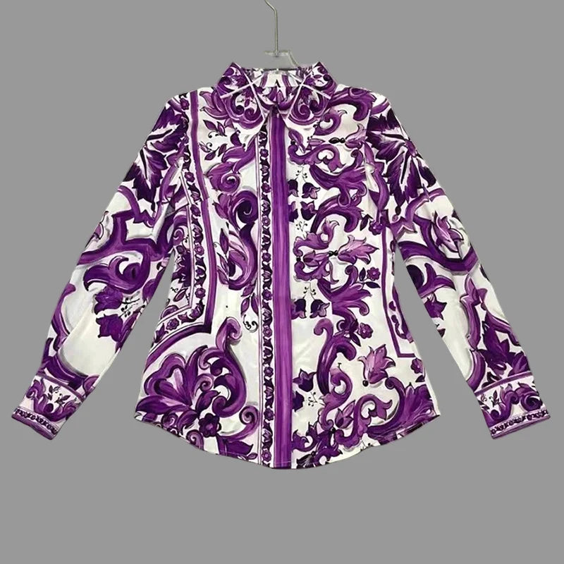 Elegant Women's Silk Top & Printed Cotton Skirt Set – 2-Piece Turn-Down Collar Outfit