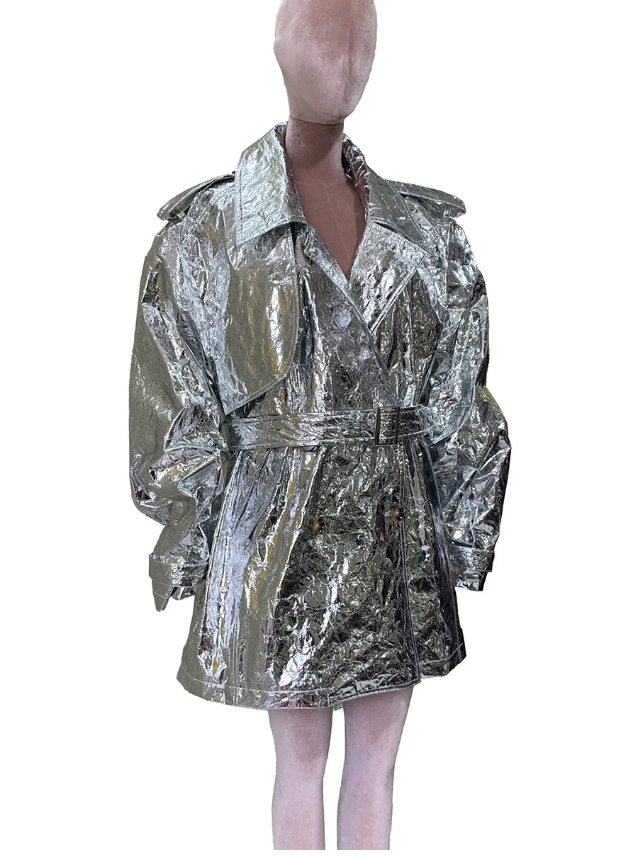 Autumn Oversized Shiny Silver Trench Coat for Women Belt Double Breasted European Fashion Emo Clothes Y2K Streetwear
