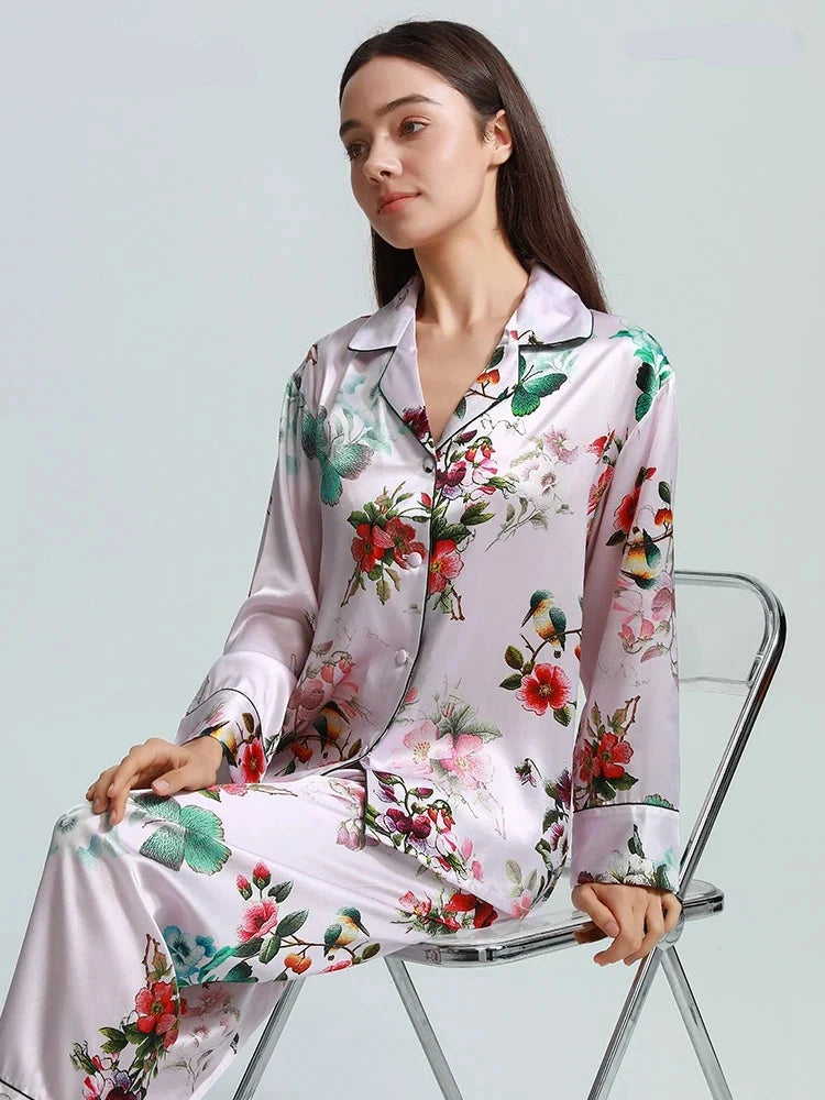 100% Real Silk Women's Pajama Set  |  Printed Long-Sleeve Summer Home Suit