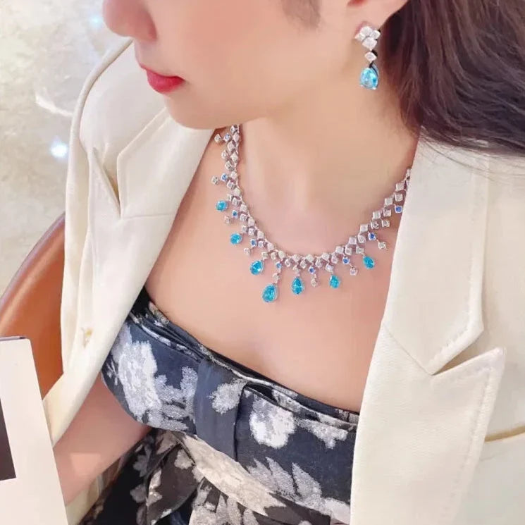 Fashion aquamarine 925 Sterling Silver Water Drop Necklace Cultivate Sapphire Blue Necklace Pendants Plated Gold Necklace