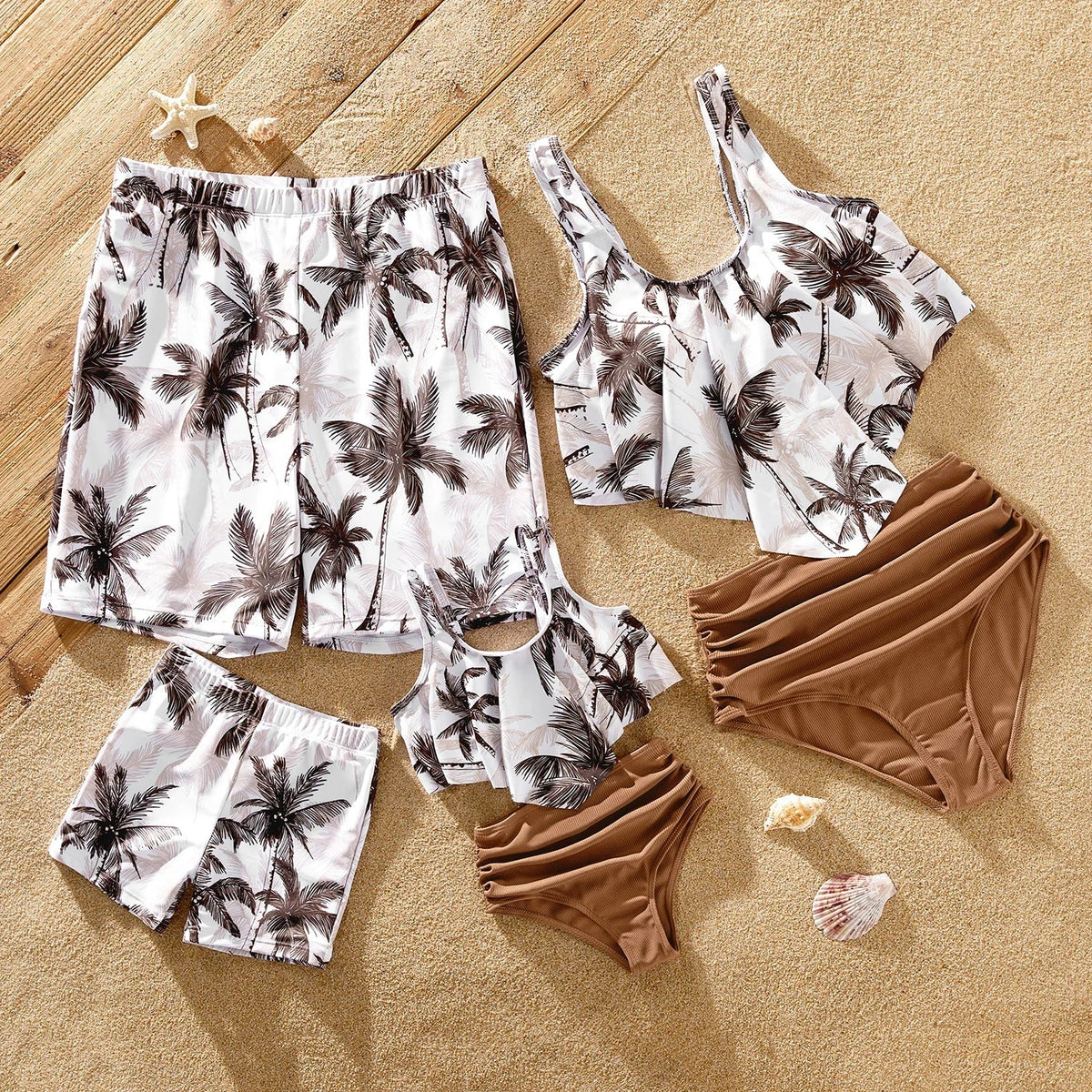 Family Matching Coconut Tree Print Swimwear  |  Ruched One-Piece Swimsuit & Swim Trunks Beach Set