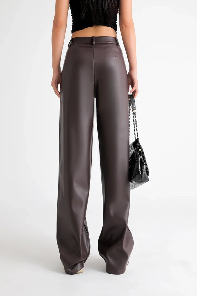 Fall Winter Fleece Loose Wide Leg Warm Leather Pants Women Button Pocket High Waist Thick PU Casual Straight Pants