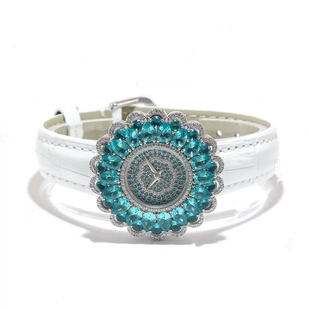 925 Sterling Silver Luxury Watch High-Quality Paraiba Tourmaline Gemstone Bracelet Watch for Women