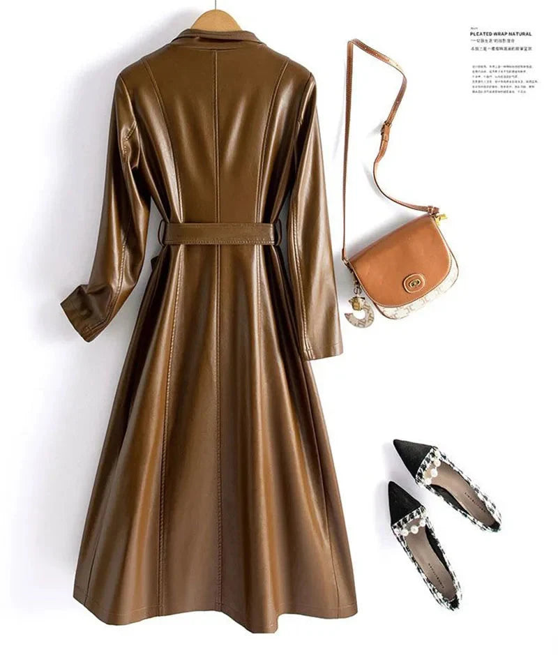 Elegant Women'sSheepskin Leather Trench Coat  –  Double Breasted Slim Long Coat with Stand Collar & Lace-Up Detail