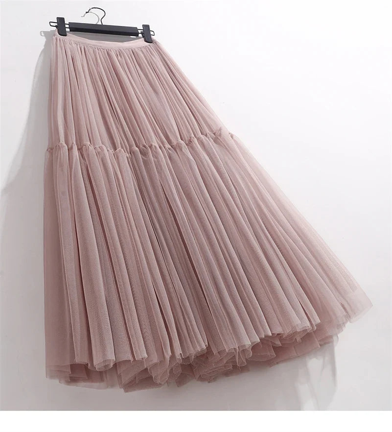 Elegant High Waist Tulle Skirt – Solid Color A-Line Mesh Tutu Skirt for Women
